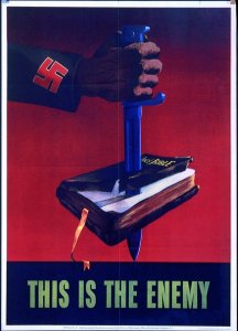 "This is the enemy" — WWII propaganda poster showing a Nazi knife stabbing a Bible